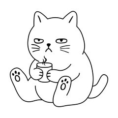 Cartoon cute boring cat drink coffee vector.