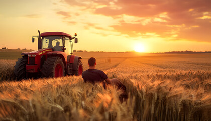 Obraz premium young farmer relaxes on a wooden crate next to a bright red tractor in a vast wheat field at sunset. The landscape is peaceful and rural, showcasing the beauty of agriculture