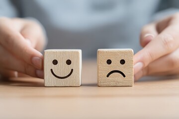High quality photo of person is holding two wooden cubes, one with an icon of a happy face and the other with a sad smiley face on it. In front of them is an empty table surface.
