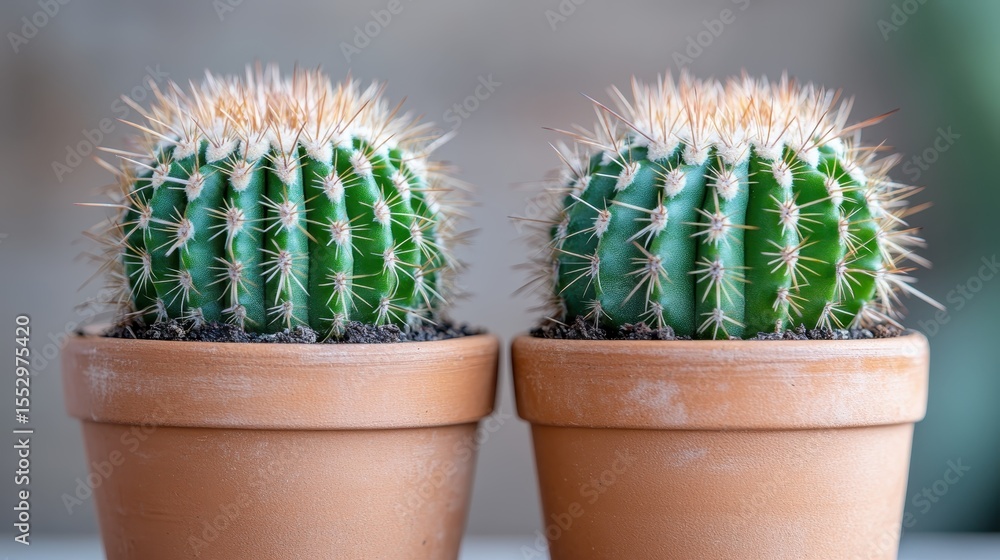 Poster this image showcases two vibrant cacti in terracotta pots, highlighting their sharp spines and uniqu