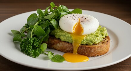 Indulge in this vibrant avocado toast topped with a perfectly poached egg, drizzled with golden yolk, and garnished with fresh greens.