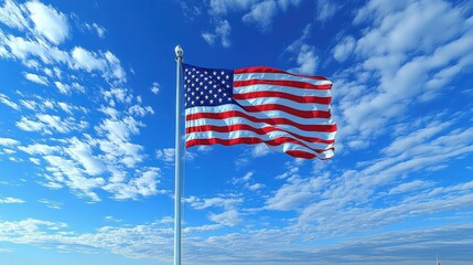 Obraz premium The American flag waves proudly against a bright blue sky dotted with wispy white clouds.