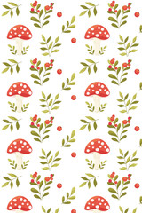Seamless pattern with mushrooms, repeating tile with lingonberries, forest branches and mushrooms, cute vector fabric design for commercial use