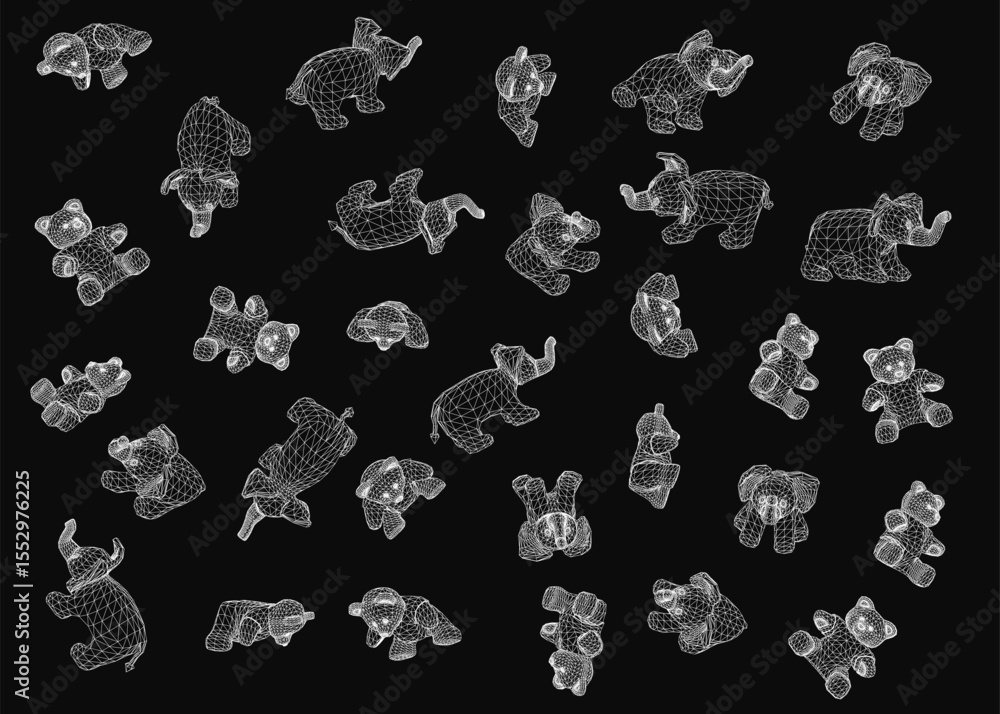 Poster white 3d wireframe elephant toys in various poses arranged on a black background. vector illustratio