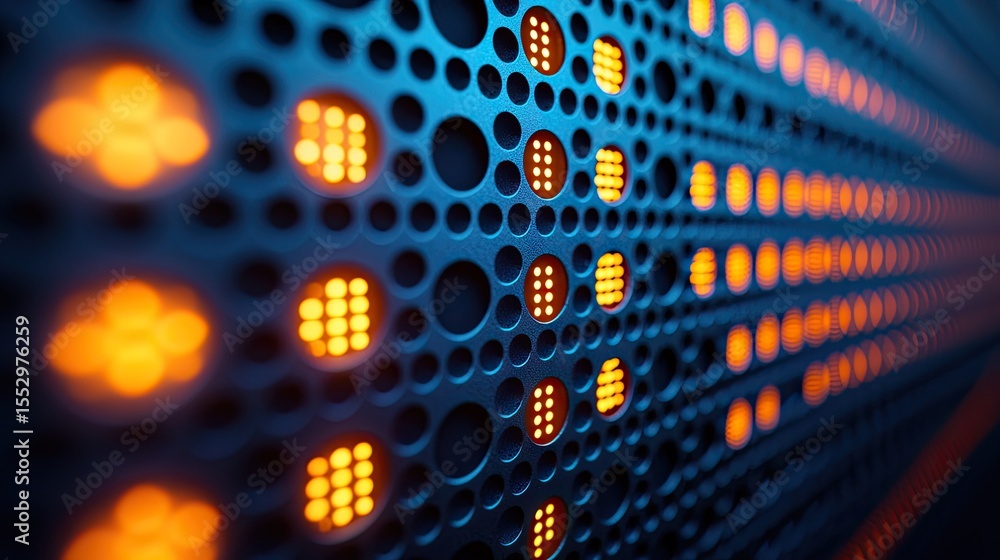 Poster panel of illuminated lights in a patterned metal grid.