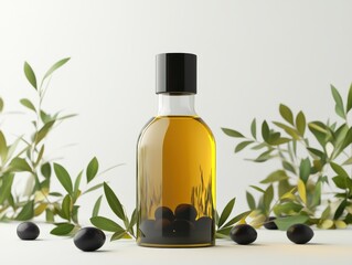 Olive oil bottle with olives and leaves, healthy cooking and skincare uses