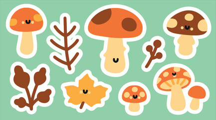 Whimsical Forest Friends Illustration A Collection of Cute Mushroom and Foliage Stickers Against a Mint Background