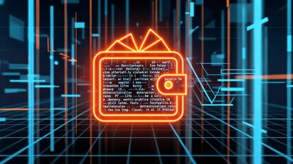 Neon crypto wallet symbol with circuit code background glowing orange on tech interface screen. Blockchain cybersecurity concept - Powered by Adobe