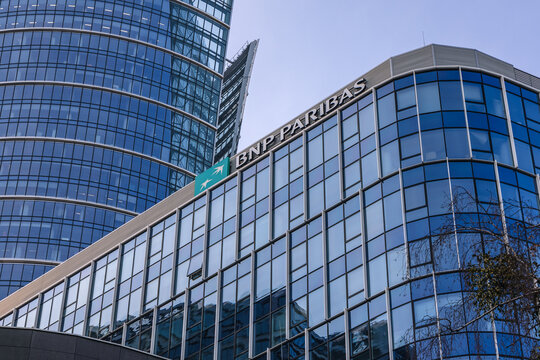 Warsaw, Poland - November 28, 2021: BNP Paribas bank office building in Warsaw city