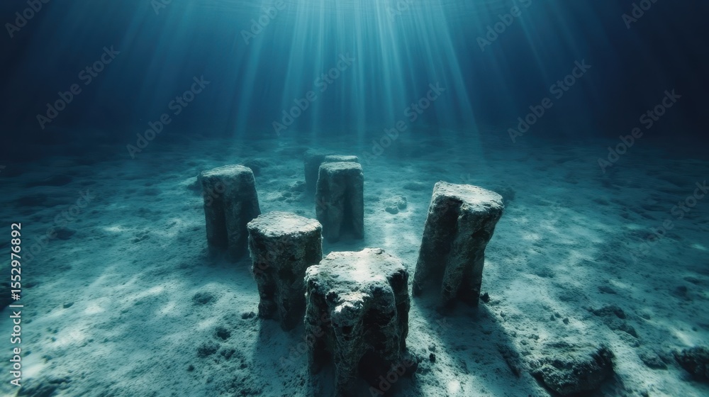 Poster an enigmatic underwater scene featuring ancient stone pillars basking in serene light rays, creating