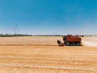 Agricultural combine harvester working during harvest time near wind generators