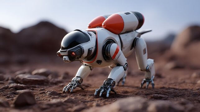 Robotic explorer traversing a rugged, alien-like terrain