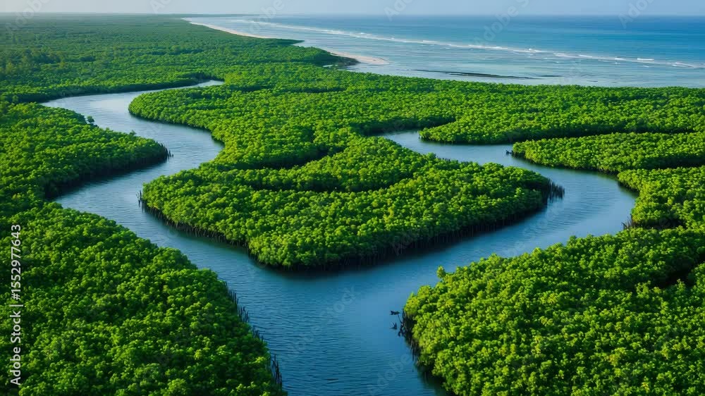 Poster a river with a green forest on both sides. the water is clear and calm. there are trees on both side