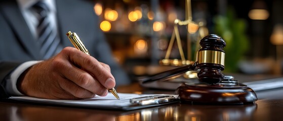 Lawyer signing document, gavel, scales