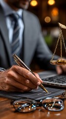 Lawyer signing documents, office, night