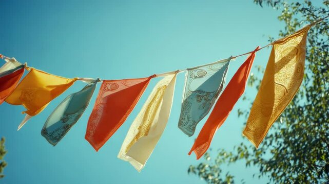 Collection of colorful banners hanging in a string on an outdoor setting under the blue sky.