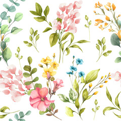Watercolor blooms in pink, red, and yellow create a rhythmic floral pattern, layered with fresh greenery vibrant tones and natural flow bring this lively scene to life
