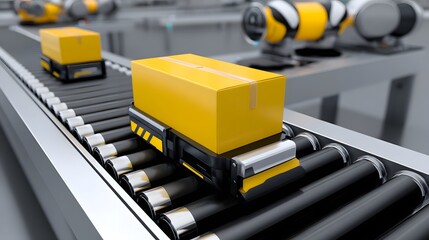 Fototapeta premium Packages moving on a conveyor belt in a logistics facility.