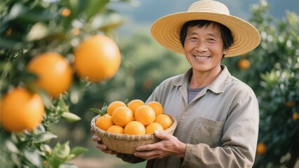 An Asian female fruit farmer holding a basket of oranges and smiling