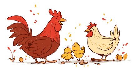 Cartoon illustration of two chickens and two chicks eating seeds on a white background