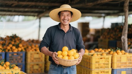 An Asian male fruit farmer holding a basket of oranges and smiling	