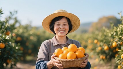 An Asian female fruit farmer holding a basket of oranges and smiling