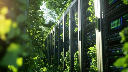 An eco-friendly data center setup in a lush green forest. The server racks are surrounded by foliage, showcasing the integration of technology with nature. - Powered by Adobe