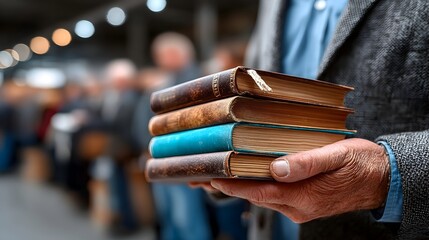 Man holding books at a fair