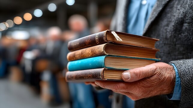 Man holding books at a fair