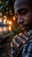 Man in nature at sunset