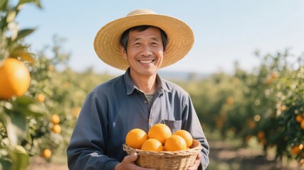 An Asian male fruit farmer holding a basket of oranges and smiling	