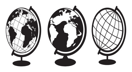 Set of world globe vector icons. Black silhouettes for geography, school, and global business.
