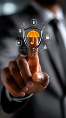 Man selects digital shield, office background