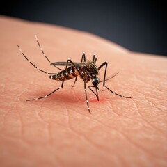 Close up of a mosquito biting human skin for medical, educational, and awareness campaigns.