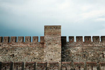 Close-up of the rounded corner tower of Fetislam Fortress in Serbia, showing brick textures and...
