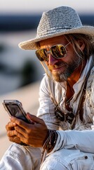 Man texting, desert sunset, travel blog