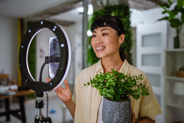 Working online female japanese influence on social media concept
