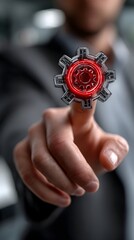 Man touching gear, office background, innovation