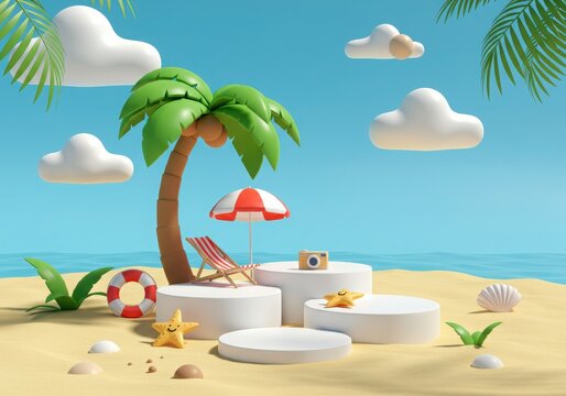 Whimsical cartoon beach scene with palm tree striped umbrella lounge chair and playful starfish on sandy podiums under a blue sky with fluffy clouds
