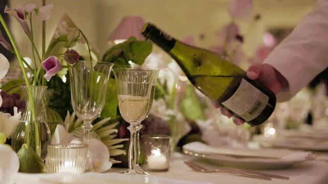 A server pours chilled white wine into crystal glasses on a beautifully decorated table with fresh flowers, candles, and elegant tableware in a romantic ambiance