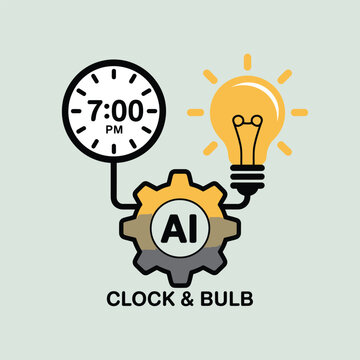 A I Powered Idea Generation Clock Showing 700 P M Yellow Light Bulb Gear Icon Design Concept Illustration