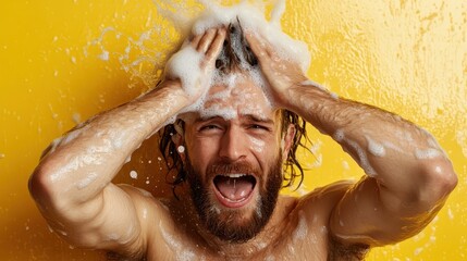 A man struggles with shampoo in a vibrant yellow setting, showcasing frustration and humor, reflecting life’s unexpected challenges in a playful manner.