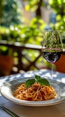 Pasta on terrace in Italy, wine glass.