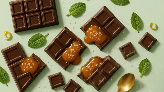 Top view of sea salt sprinkles over chocolate with caramel.