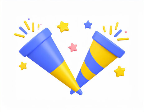 3d party poppers icon with flying confetti and stars.Isolated on white background. Cartoon plastic style icon.congratulation, fun, illustration, decoration, symbol, anniversary, birthday, carnival,  - Powered by Adobe