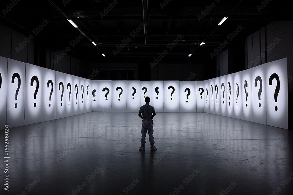 Poster person in deep thought surrounded by floating question marks