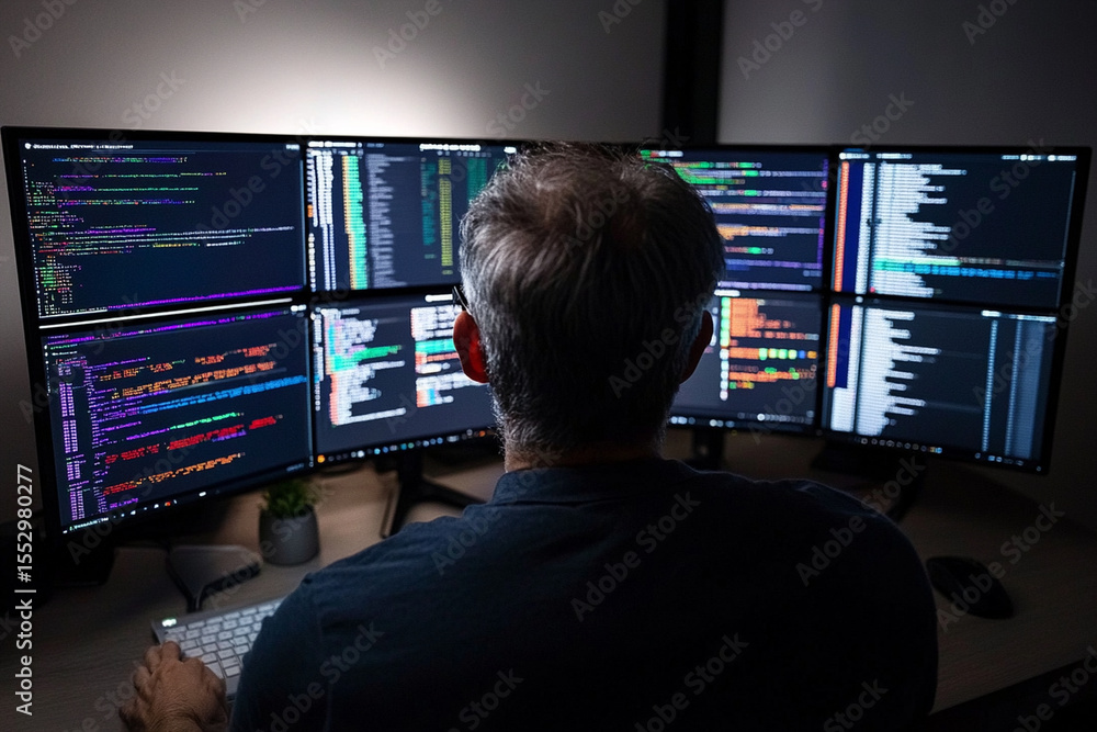 Poster programming on multiple monitors in a dark room at night