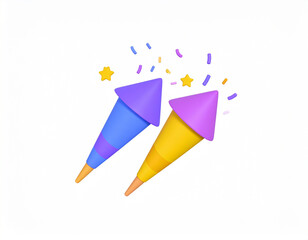 3d party poppers icon with flying confetti and stars.Isolated on white background. Cartoon plastic style icon.congratulation, fun, illustration, decoration, symbol, anniversary, birthday, carnival, 