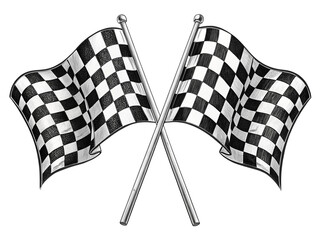 Two crossed checkered flags waving against a black background in a graphic illustration style created with generated ai