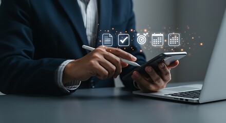 Time Management and Business Productivity Concept,businessperson tapping a smartphone with a stylus,Clock, Calendar, Goal Setting, Checklist, and Task Planning for Efficient Work, Meeting.